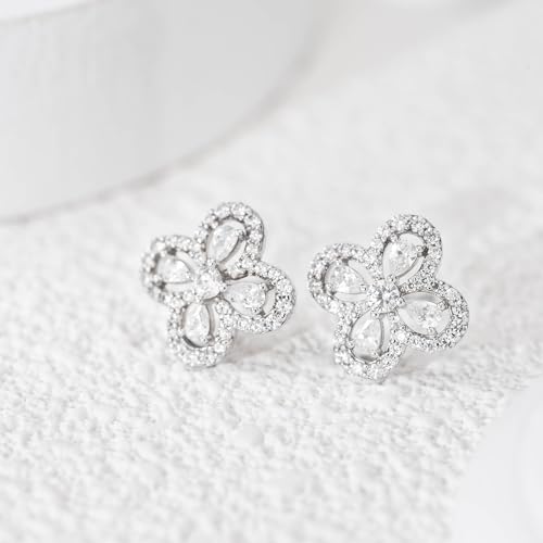 92.5 Sterling Clover Halo Whispers Earrings, Clover Set Studs, Whites Collection